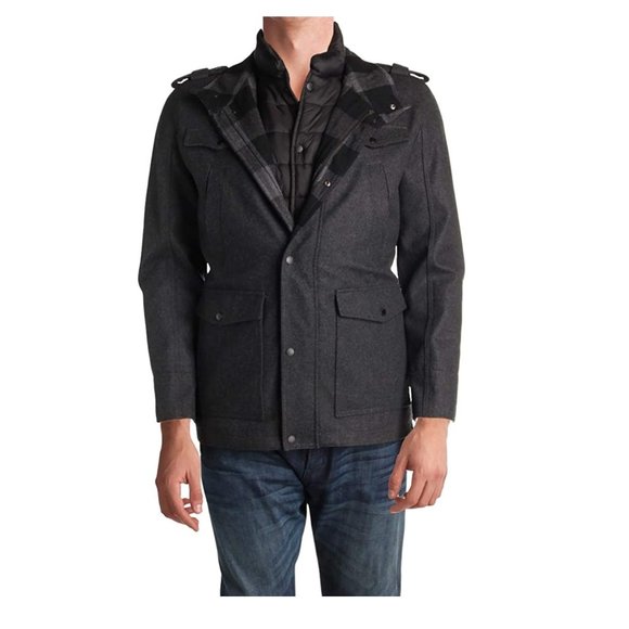 NWT GUESS Men's Military Wool Coat with Quilted Bib Jacket Charcoal XL $260 N25 - Picture 1 of 3